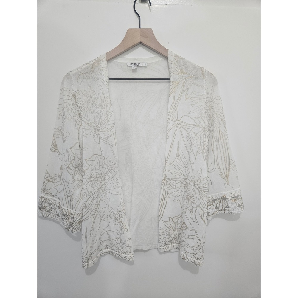 Chicos White Gold Floral Open‎ Front Cardigan Crochet Lace Cuff XS 00
